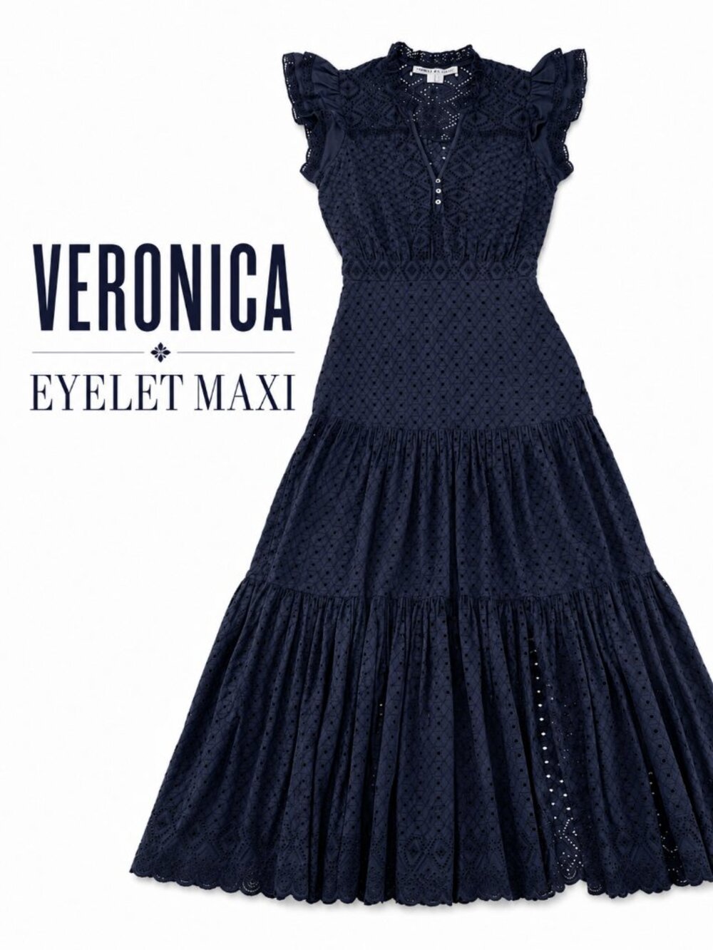 Veronica Beard Navy Eyelet Cotton Maxi Dress Flutter Sleeve Size 0